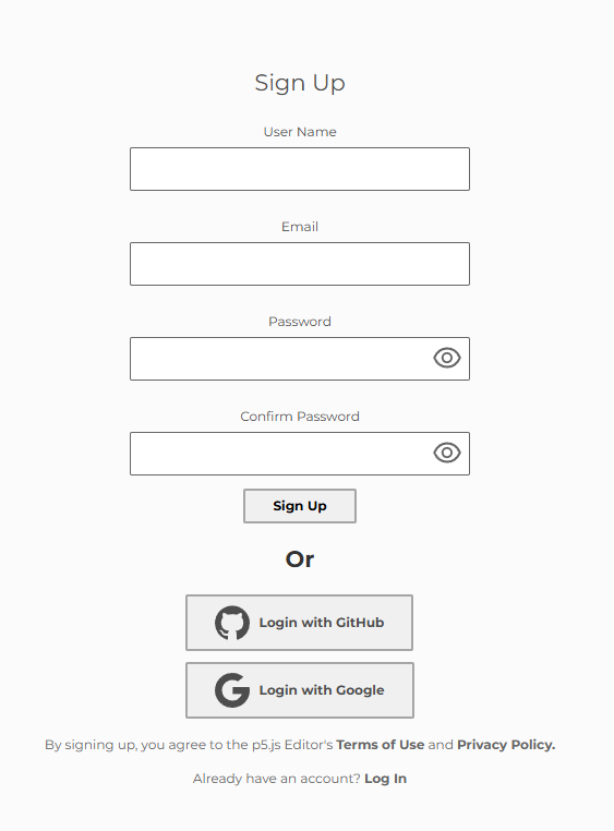 The p5.js Sign Up form