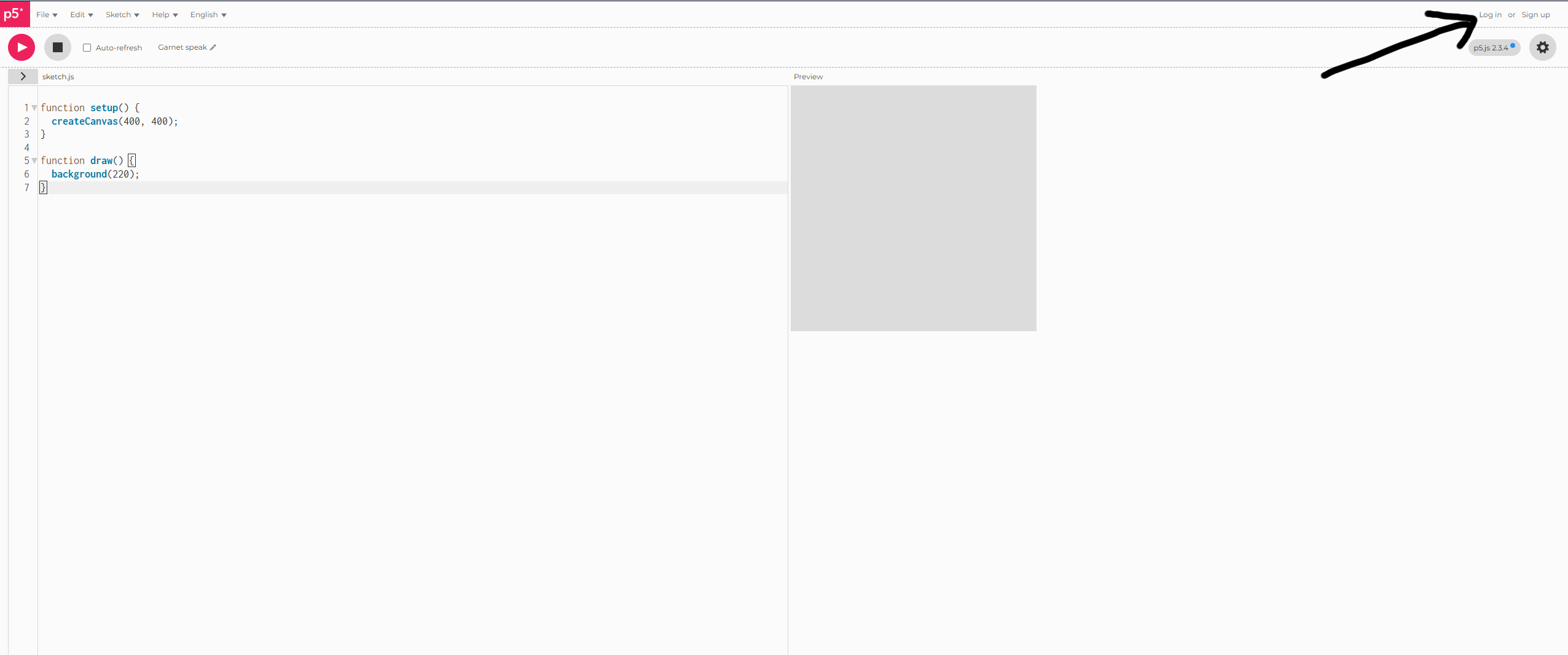 The p5.js web editor, with an arrow pointing at Sign up in the top-right corner